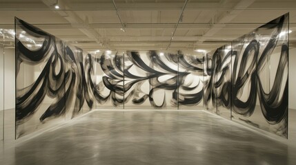 A stunning calligraphy art installation in a gallery, with large panels of flowing, abstract script in black ink, arranged in a way that creates movement and rhythm across the walls.