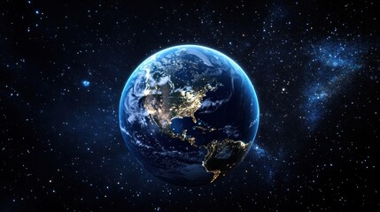 Fototapeta premium A view of Earth from space, highlighting continents and oceans against a starry background.