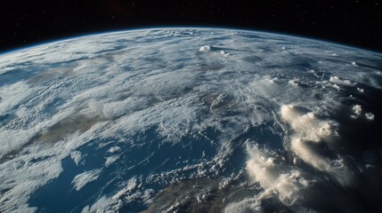 A cinematic Earth shot from space, showing detailed cloud formations and the planet curvature, set against a rich, dark background of stars,