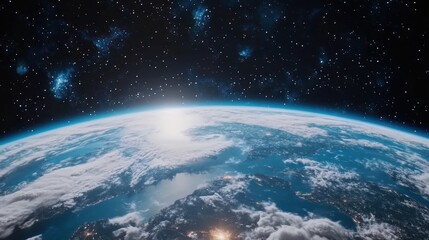 Fototapeta premium A cinematic image of Earth from space, showcasing white cloud formations over blue oceans,