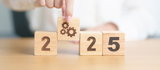 2024 year change to 2025 year block with gear icon. Business Process, Team, teamwork, Goal, Target, Resolution, strategy, plan, Action, motivation, change, brainstorm and New Year start concepts