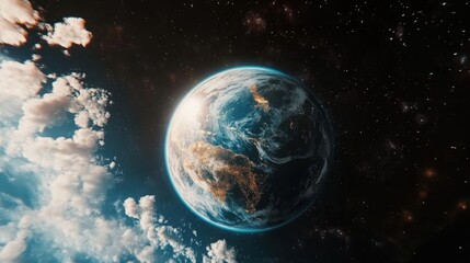 Obraz premium A cinematic image of Earth with bright clouds gently drifting across the globe, as the planet is set against a vast, dark space filled with distant stars and cosmic wonders