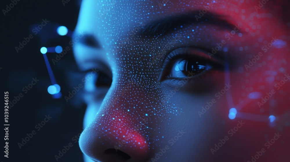 Poster a cutting-edge ai facial recognition system scanning and analyzing facial features in real-time, pro