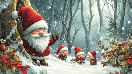 Obraz premium Whimsical gnome in a wool Santa hat playing hide and seek in a snowy forest, clip art, isolated on white background.