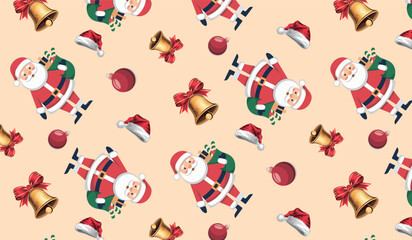 Festive repeating pattern with Santa Claus, bells, ornaments, for Christmas-themed textile prints or web backgrounds