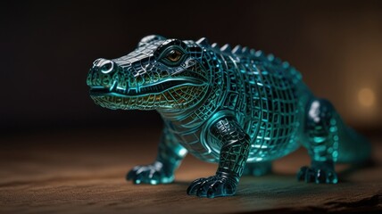 Obraz premium A glass crocodile figurine with a glowing blue light in a dark background.