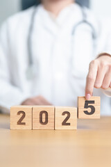2025 block. Happy New Year for Medical, Health care, Insurance and Wellness concepts