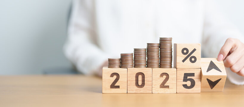 2024 to 2025 New year with percentage change to UP and Down arrow with coin stack. Interest rate, GDP, stocks market, financial, deflation and Inflation, mortgage, debt, Loan and Economic Recession