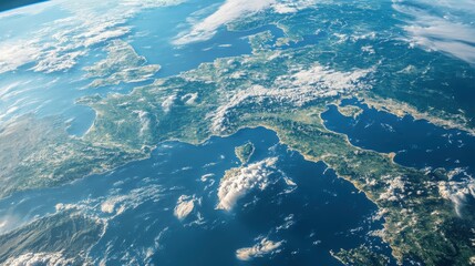 Fototapeta premium A detailed space image of Europe on Planet Earth, with cloud formations hovering over land and sea.