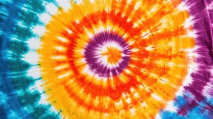 A lively tie dye pattern features bold swirls of orange, yellow, purple, and blue, perfect for backgrounds and artistic inspiration