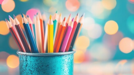 A collection of colorful pencils standing upright in a metallic cup, brightening a table against a soft, blurred background
