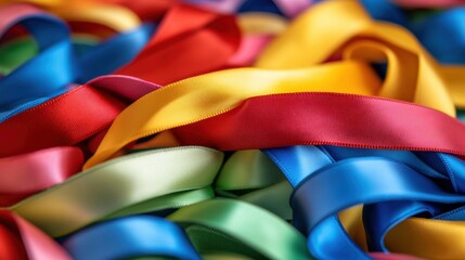 Close-up of various colorful satin ribbons arranged in a vibrant pattern, perfect for crafting, gift wrapping, and decorations.