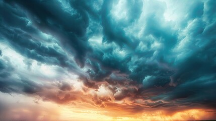 Obraz premium Mighty storm clouds swirl high above, their dark forms illuminated by golden sunlight, casting a stunning display at dusk