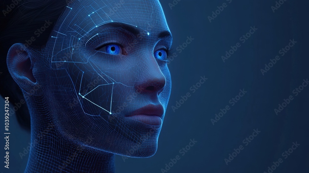 Poster a futuristic ai-based facial recognition system analyzing intricate facial features in real-time, pr
