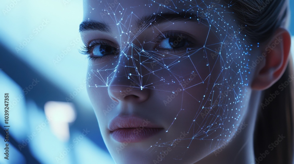Poster a futuristic ai-based facial recognition system analyzing intricate facial features in real-time, pr