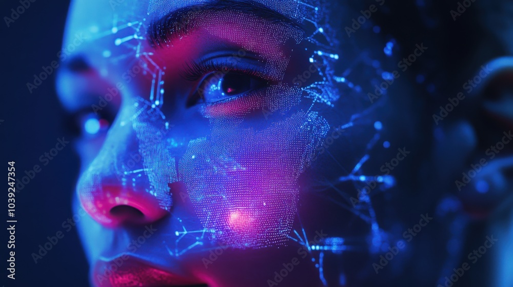 Poster a futuristic ai-powered facial recognition system scanning faces with precision, analyzing biometric