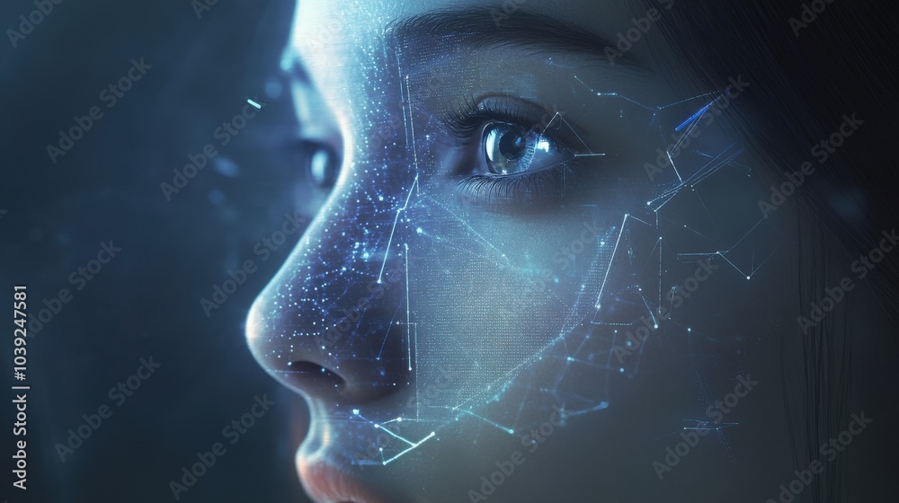 Poster a futuristic facial recognition system powered by ai, identifying individuals in seconds through dee