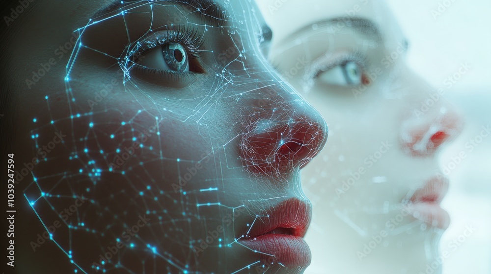 Poster a futuristic facial recognition system powered by ai, identifying individuals in seconds through dee
