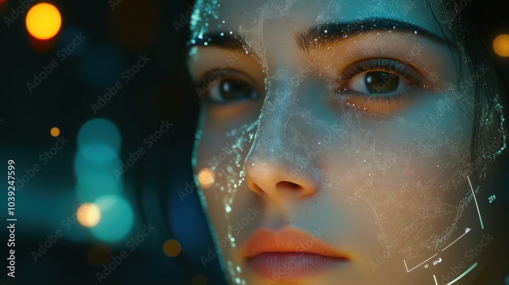 Poster a futuristic facial recognition system powered by ai, identifying individuals in seconds through dee
