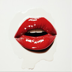 Red lips blowing a kiss in the air on a white background.