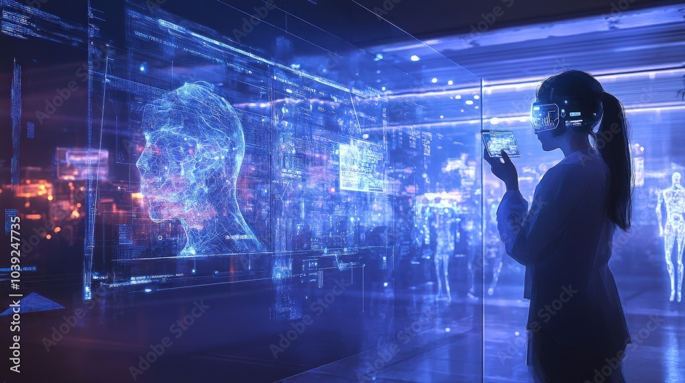Poster a futuristic internet communication concept featuring holograms and neural interfaces that allow peo