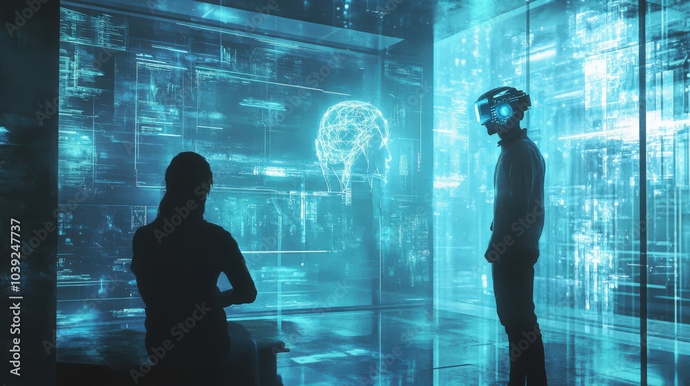 Poster a futuristic internet communication concept featuring holograms and neural interfaces that allow peo