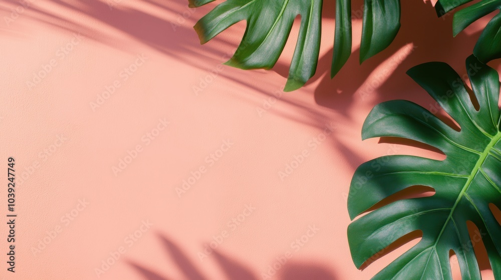 Canvas Prints vibrant green leaves create a serene atmosphere with soft shadows on a peach backdrop under warm, na