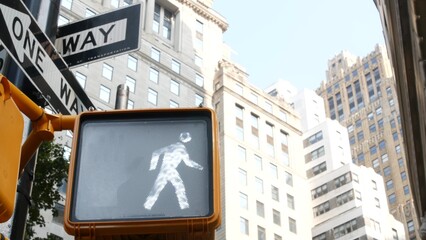 New York City street crossroad, pedestrian yellow traffic light, oneway transport road...