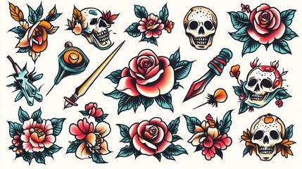 A vibrant artistic tattoo flash sheet featuring colorful, traditional tattoo designs like roses, skulls, and daggers, each rendered with sharp lines and bright, bold shading.