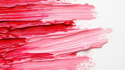 Red and pink paint strokes blend together on a pristine white surface, showcasing a striking contrast and dynamic texture