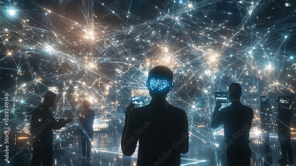 Poster a futuristic scene of internet communication where ultra-fast networks connect users through mind-co