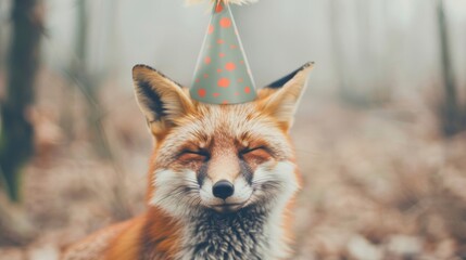 A cute fox with a playful smile wears a party hat in a forest, creating a whimsical and joyful scene in nature.