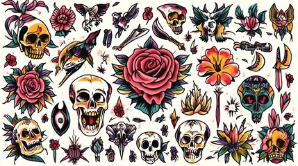 A vibrant artistic tattoo flash sheet featuring colorful, traditional tattoo designs like roses, skulls, and daggers, each rendered with sharp lines and bright, bold shading.