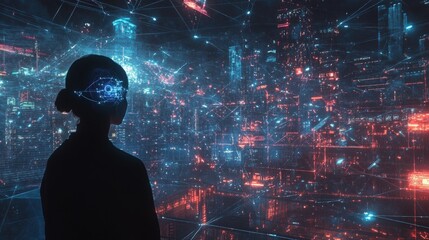 A futuristic scene of internet communication where ultra-fast networks connect users through mind-controlled devices, and AI curates personalized interactions in dynamic,