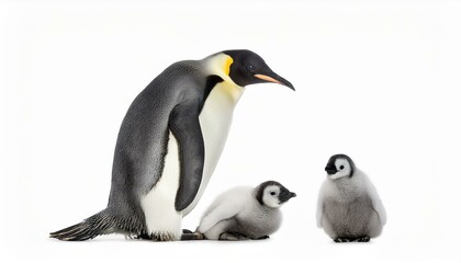 コウテイペンギンの親子（Emperor penguin family on white background）
