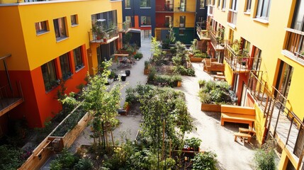 A vibrant co-housing project in an urban setting, featuring shared courtyards, rooftop gardens, and common rooms where residents gather for meals and social activities.