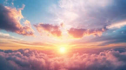 Obraz premium A lively sunset casts warm hues over the clouds, illuminating the sky with vibrant colors and creating a breathtaking atmosphere