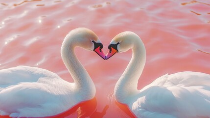Fototapeta premium Two graceful swans facing each other with their necks forming a heart shape, floating on a pink-hued water surface.