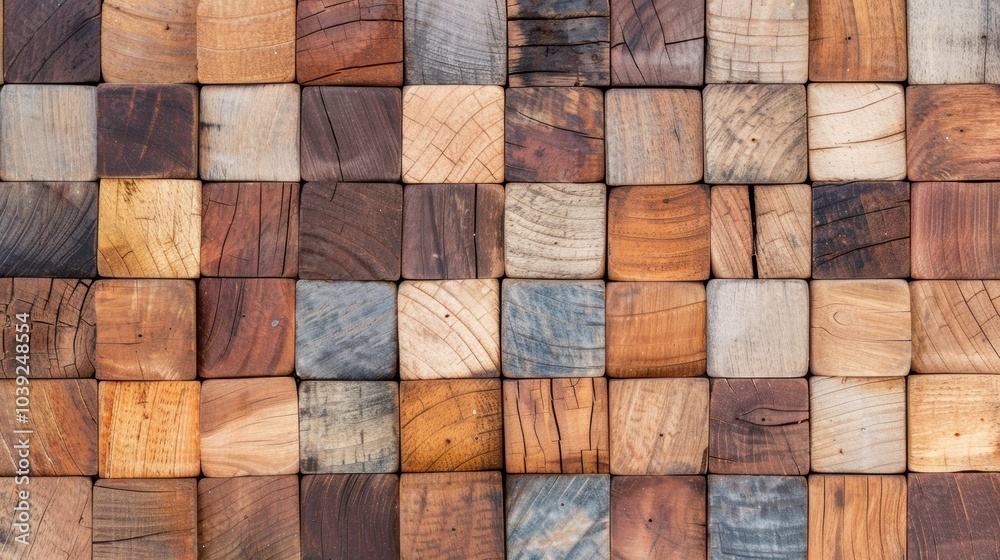 Poster a close-up view of a wooden block pattern showing different textures and colors, arranged in a grid 