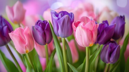 Fototapeta premium Tulips in pastel hues of pink, purple, and lavender, adorning Easter baskets and tabletops with elegance and grace.
