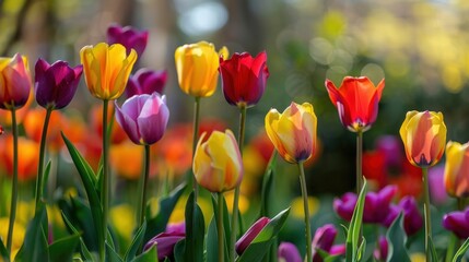 Tulips, with their bold and bright petals in shades of red, yellow, purple, and orange, standing tall in beds and bouquets across spring gardens