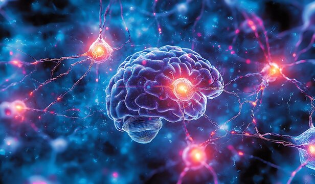 Detailed illustration of human brain with neurons firing, highlighting assistive treatment for adult lower back pain, set against dark blue abstract background emphasizing medical research themes.