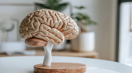 Close-up of a human brain model with visible tumor under soft lighting, highlighting medical focus on brain health, cancer research, and diagnosis in a neutral, detailed setting.