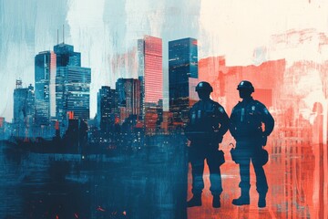 abstract illustration of American law enforcement featuring a city skyline, urban setting and police officers in uniforms , an image that describes the role of modern police, crime, law enforcement 