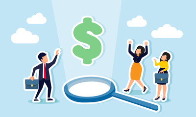 Businesspeople celebrating a dollar sign highlighted by light from a magnifying glass, illustration of results from the analysis of increasing dollar valuation