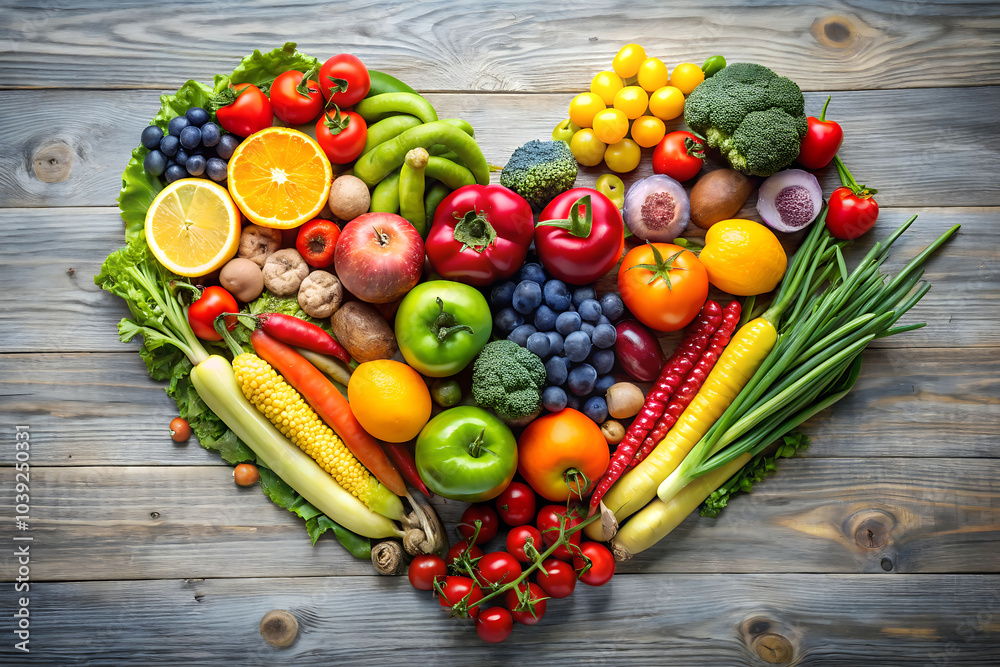 Wall mural fruits and vegetables arranged in a heart shape healthy food and nutrition concept isolated business