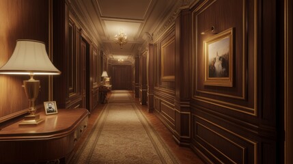 Elegant Hotel Corridor with Warm Lighting and Detail
