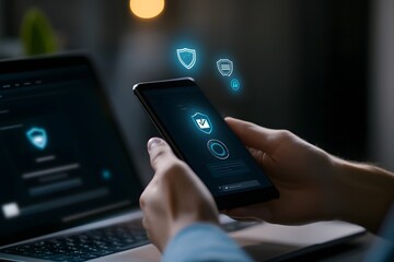 A person holding a smartphone with digital security icons displayed, emphasizing mobile device protection. The image features shields, checkmarks, and locks, symbolizing security, authentication