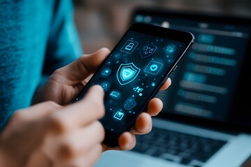 A person is holding a smartphone with various security icons displayed, symbolizing mobile cybersecurity measures. The image highlights the importance of data protection, encryption