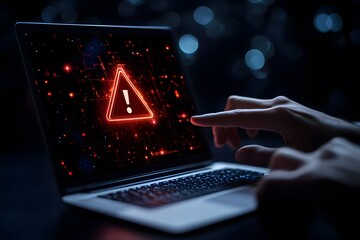  A close-up of a laptop screen displaying a glowing red warning triangle with an exclamation mark, symbolizing a cybersecurity threat or system error